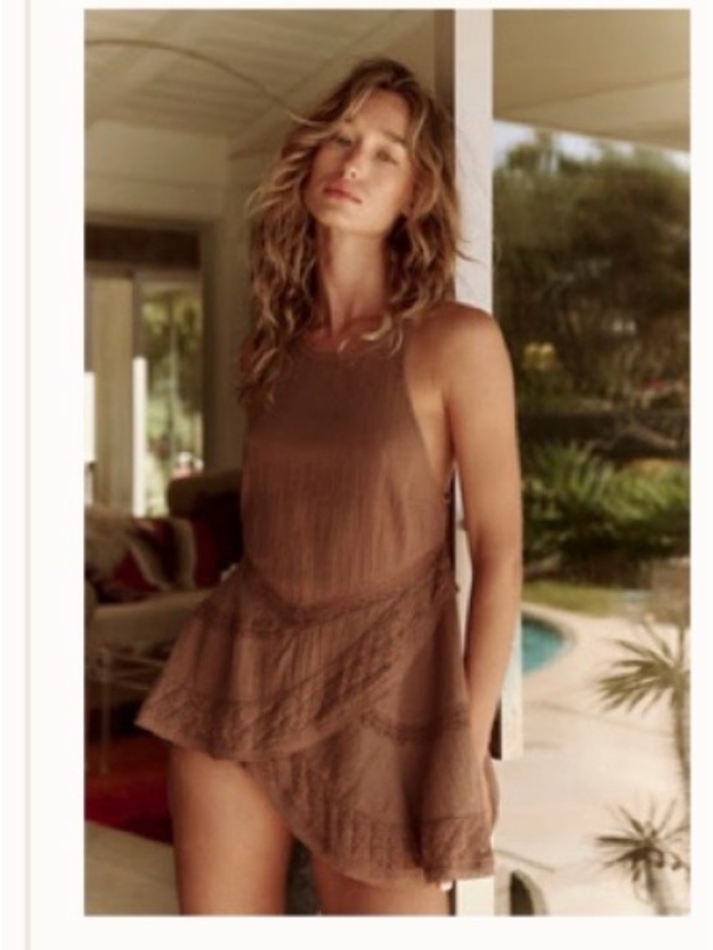 Free People Lost in Lace brown asymmetrical scoop back tank